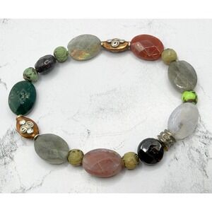 Boho Mixed Natural Stone Bead Bracelet Carved Beads Stretch 7" Artisan Style